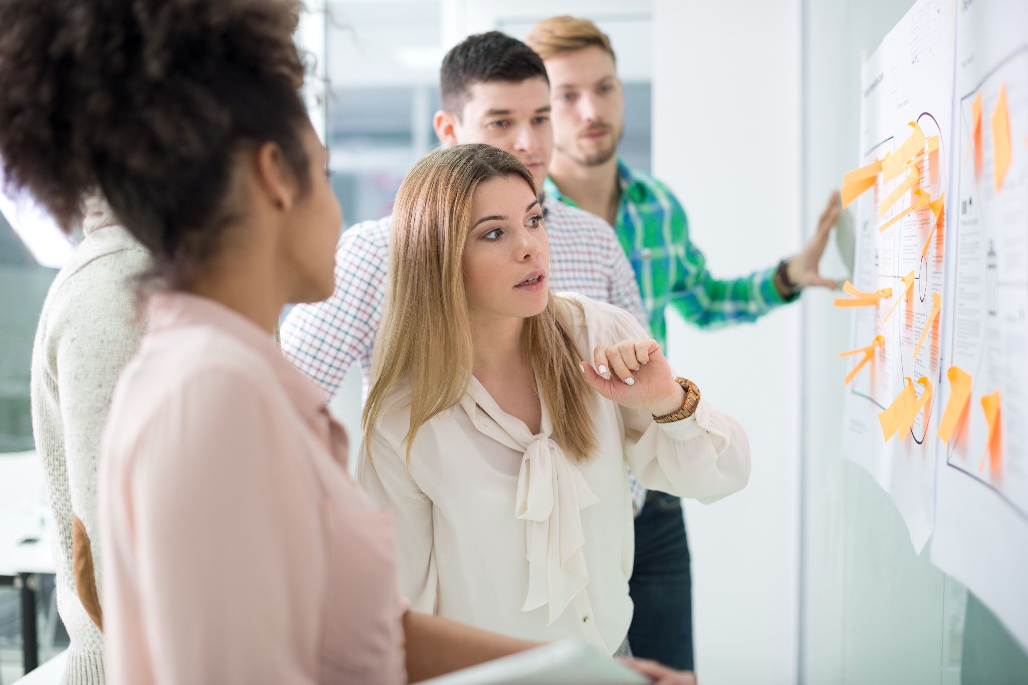 group of students at scrum board