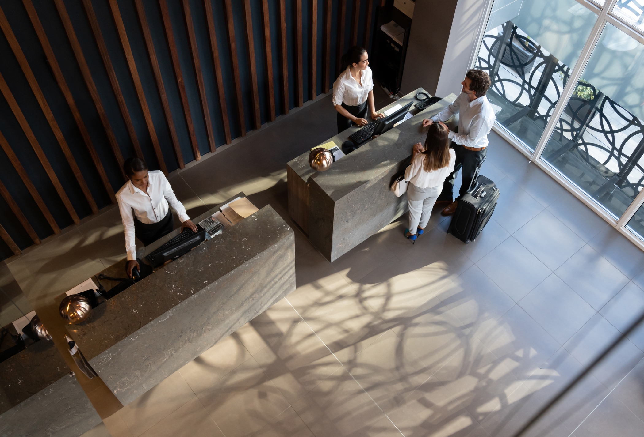 overhead view of hotel check in